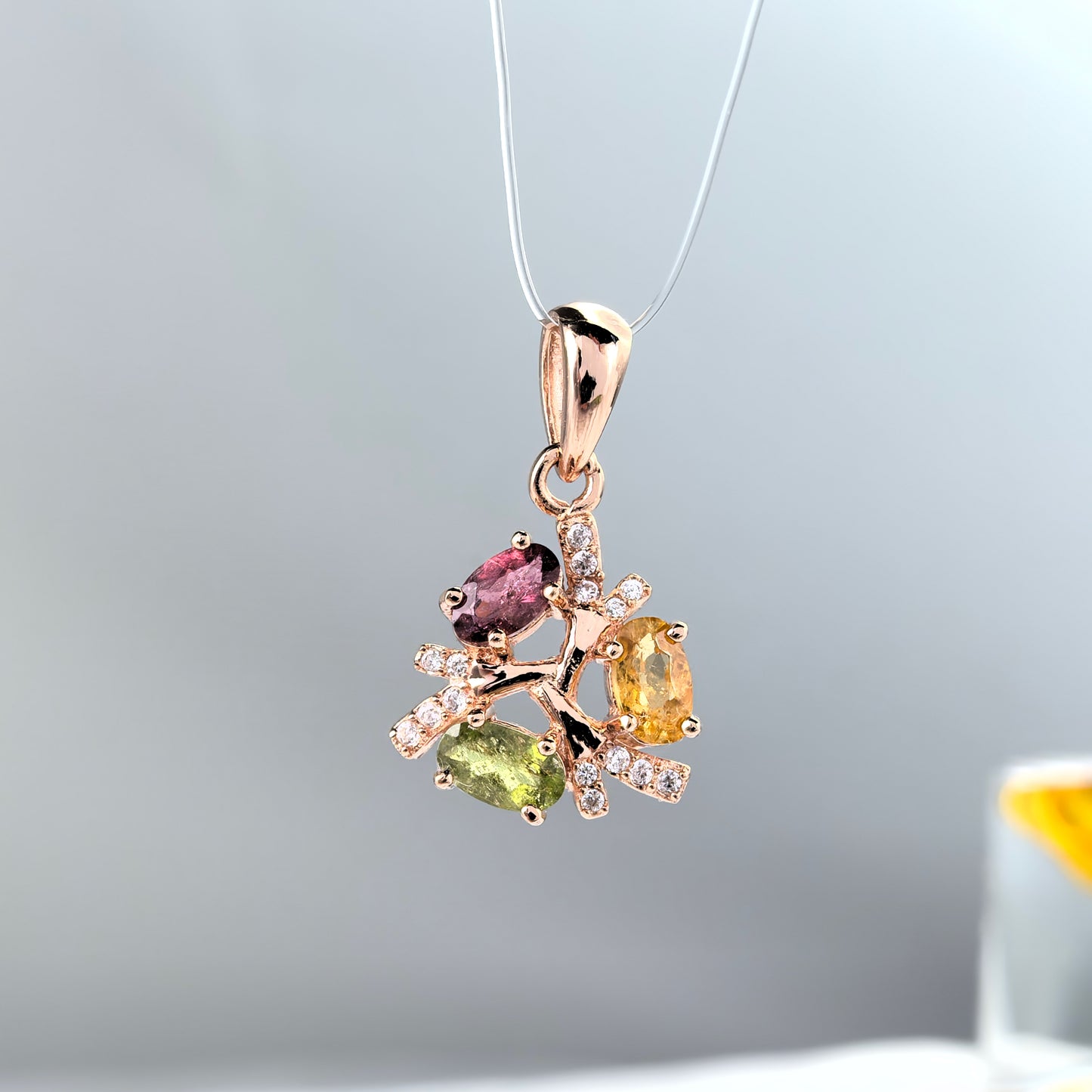 Unique Rose Gold Plated 925 Sterling Silver Natural Tourmaline Pendant