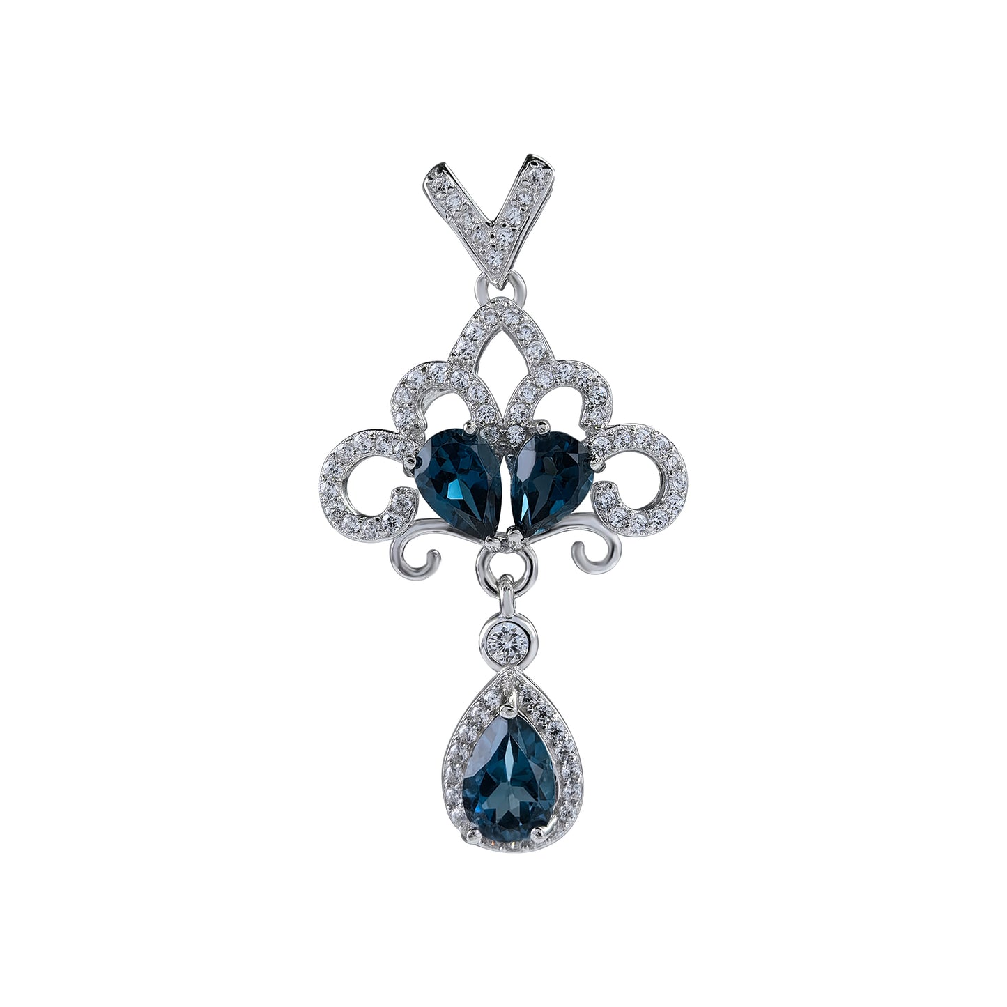 Elegant Rhodium Plated 925 Sterling Silver Natural London Blue Topaz Pendant