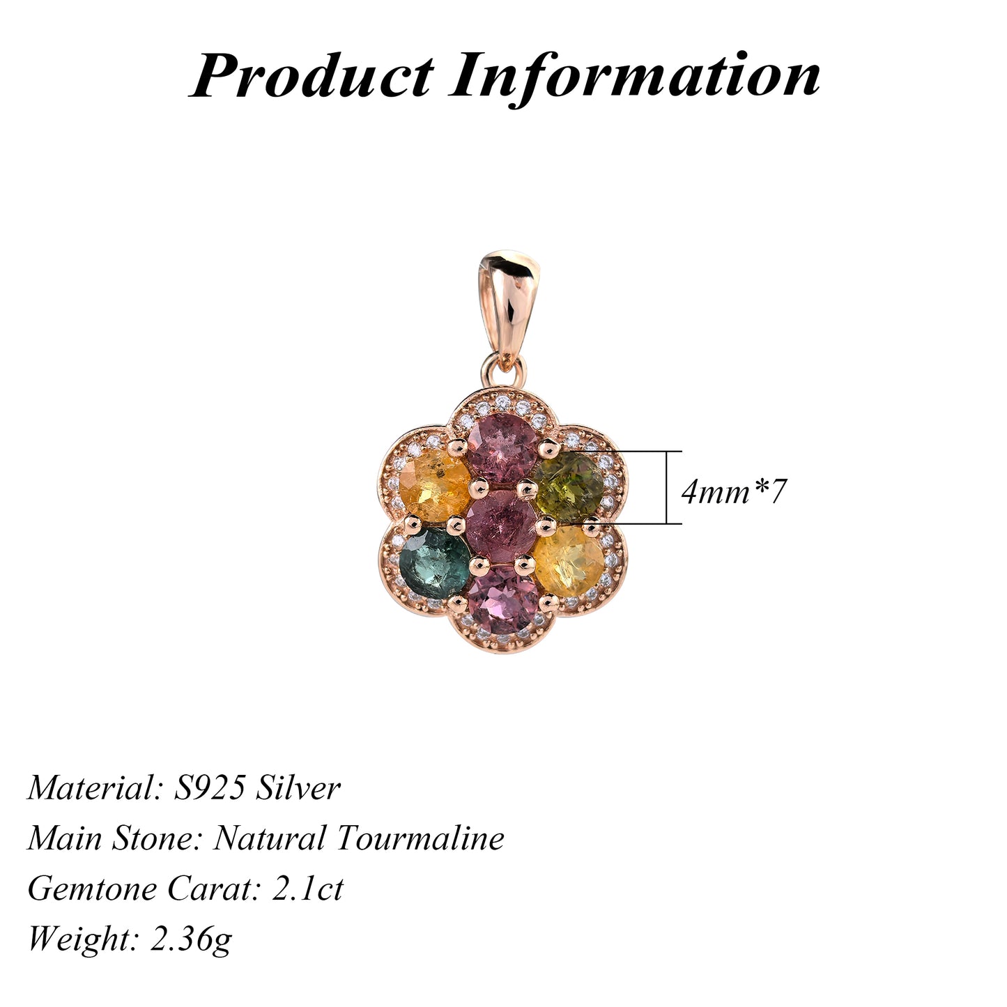 Elegant Rose Gold Plated 925 Silver Natural Tourmaline Flower Pendant