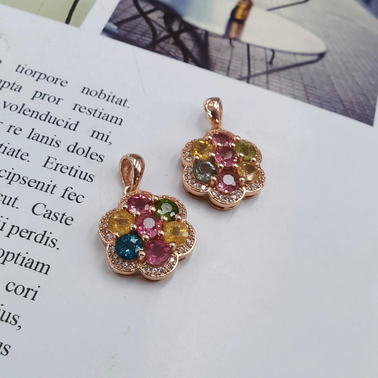 Elegant Rose Gold Plated 925 Silver Natural Tourmaline Flower Pendant