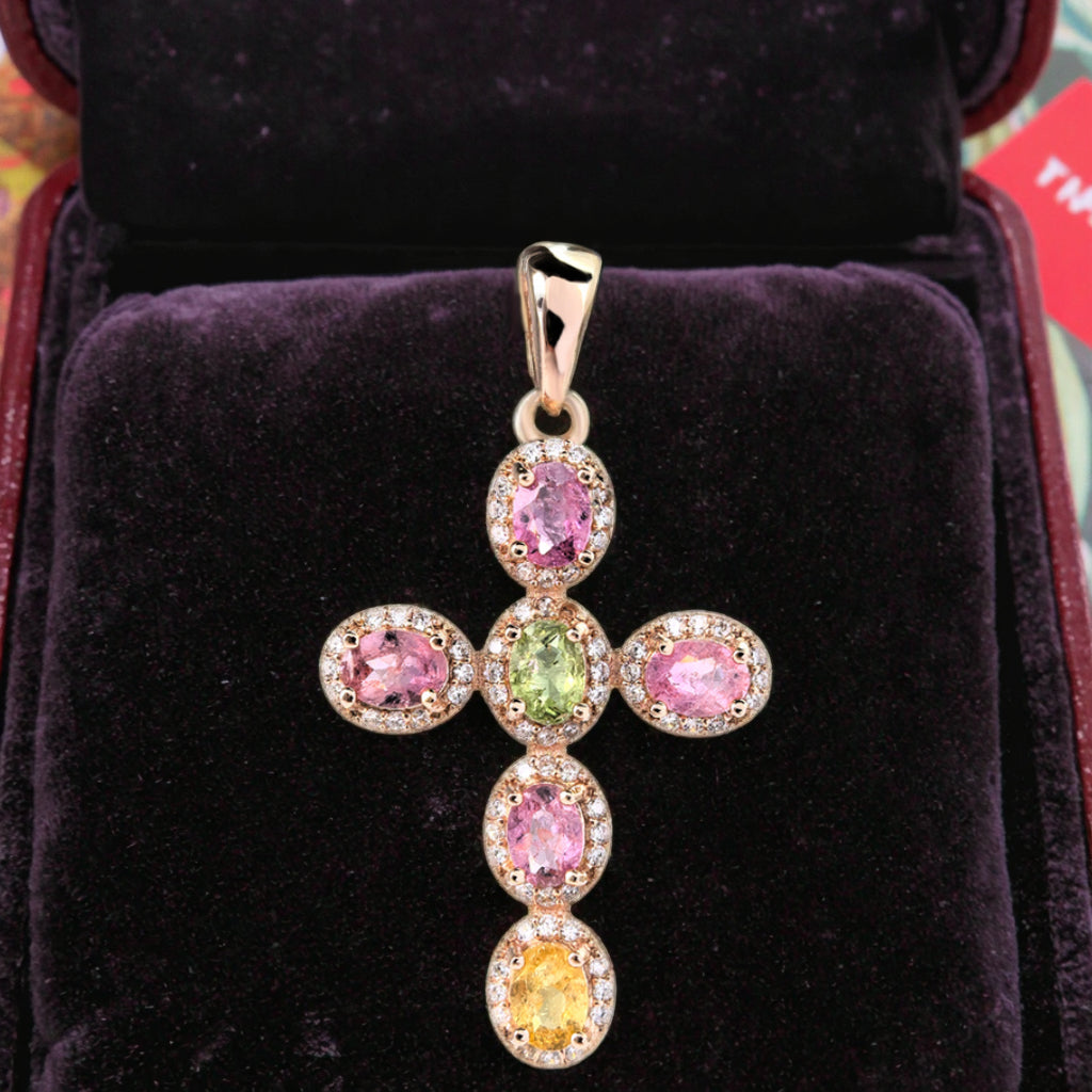 Trendy Rose Gold Plated 925 Sterling Silver Natural Tourmaline Cross Pendant