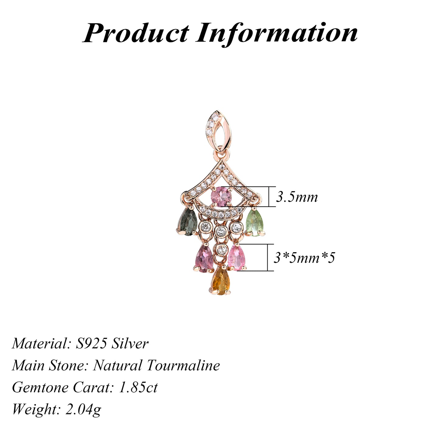 Delicate Rose Gold Plated 925 Sterling Silver Natural Tourmaline Pendant