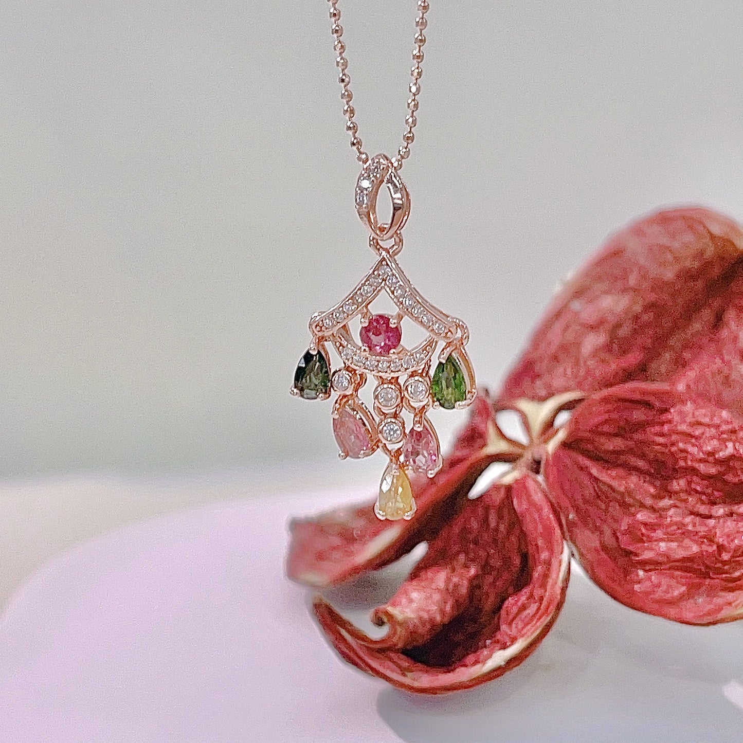 Delicate Rose Gold Plated 925 Sterling Silver Natural Tourmaline Pendant