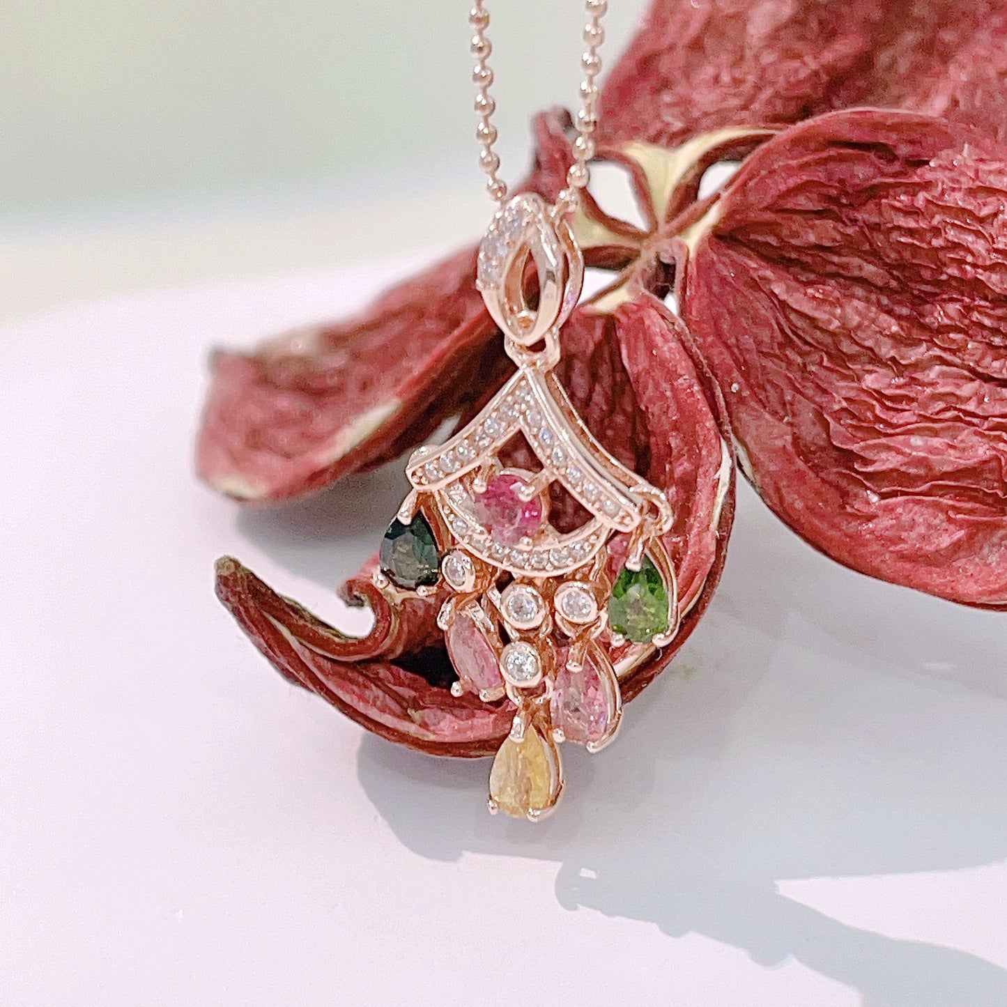 Delicate Rose Gold Plated 925 Sterling Silver Natural Tourmaline Pendant