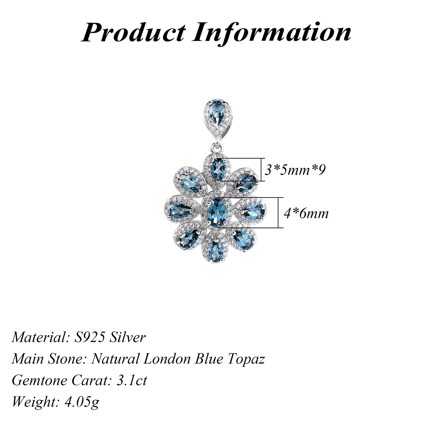 Sparkling Rhodium Plated 925 Sterling Silver Natural London Blue Topaz Pendant