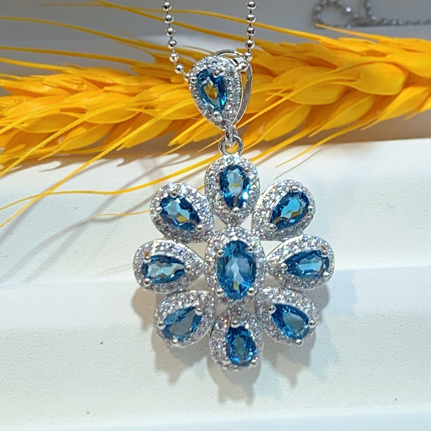 Sparkling Rhodium Plated 925 Sterling Silver Natural London Blue Topaz Pendant