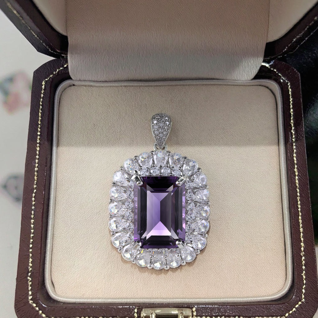 Shining Rhodium Plated Silver 925 Natural Amethyst Pendant Emerald Cut