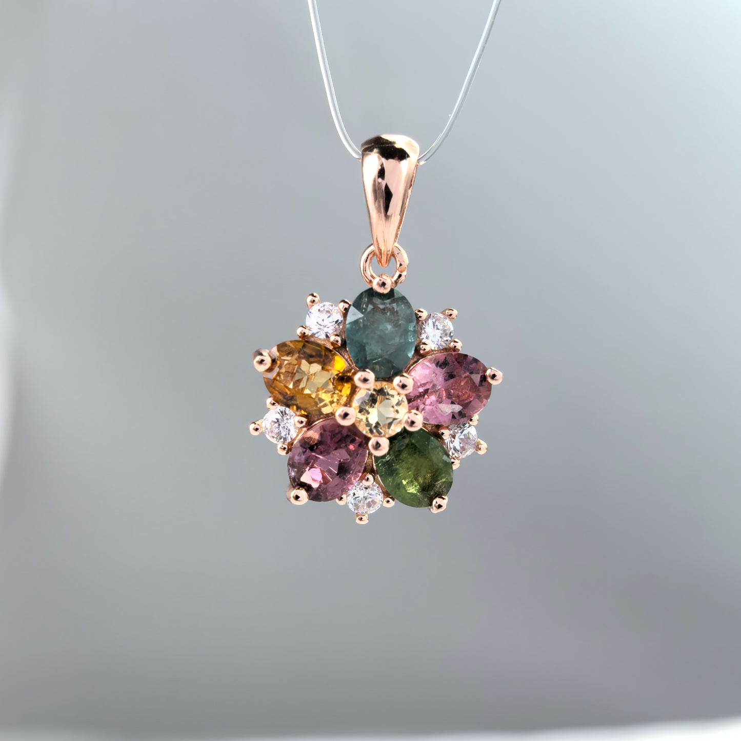 Delicate Rose Gold Plated 925 Sterling Silver Natural Tourmaline Flower Pendant