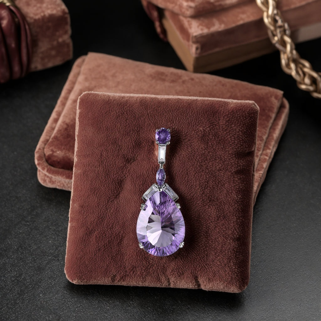 Graceful Rhodium Plated Plata 925 Pear Cut Natural Amethyst Pendant
