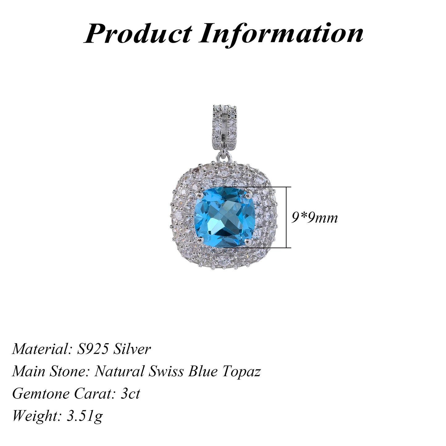 Sparkling Rhodium Plated 925 Sterling Silver Natural Swiss Blue Topaz Pendant