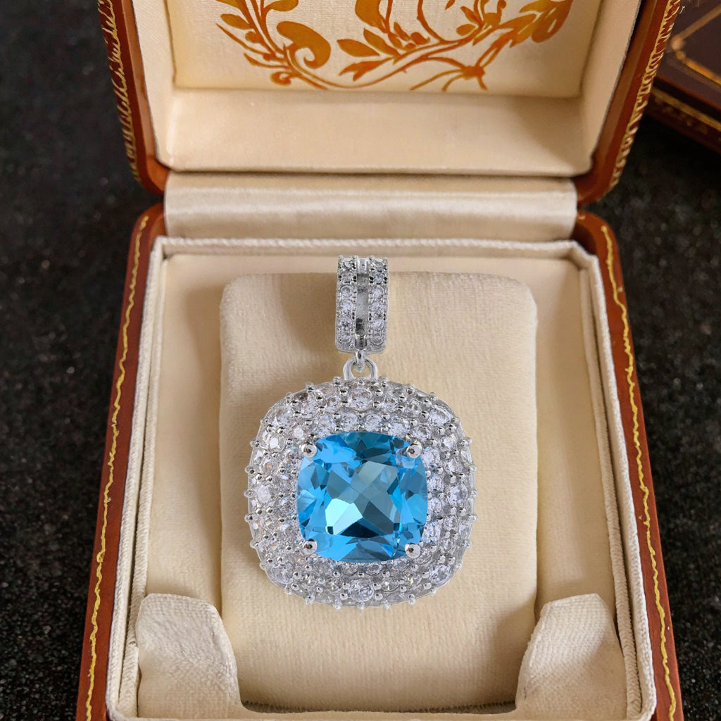 Sparkling Rhodium Plated 925 Sterling Silver Natural Swiss Blue Topaz Pendant