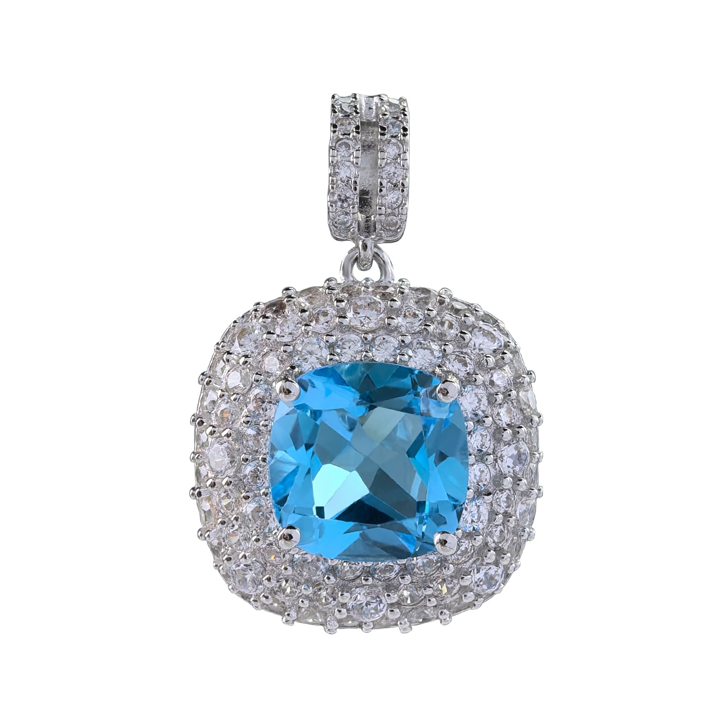Sparkling Rhodium Plated 925 Sterling Silver Natural Swiss Blue Topaz Pendant