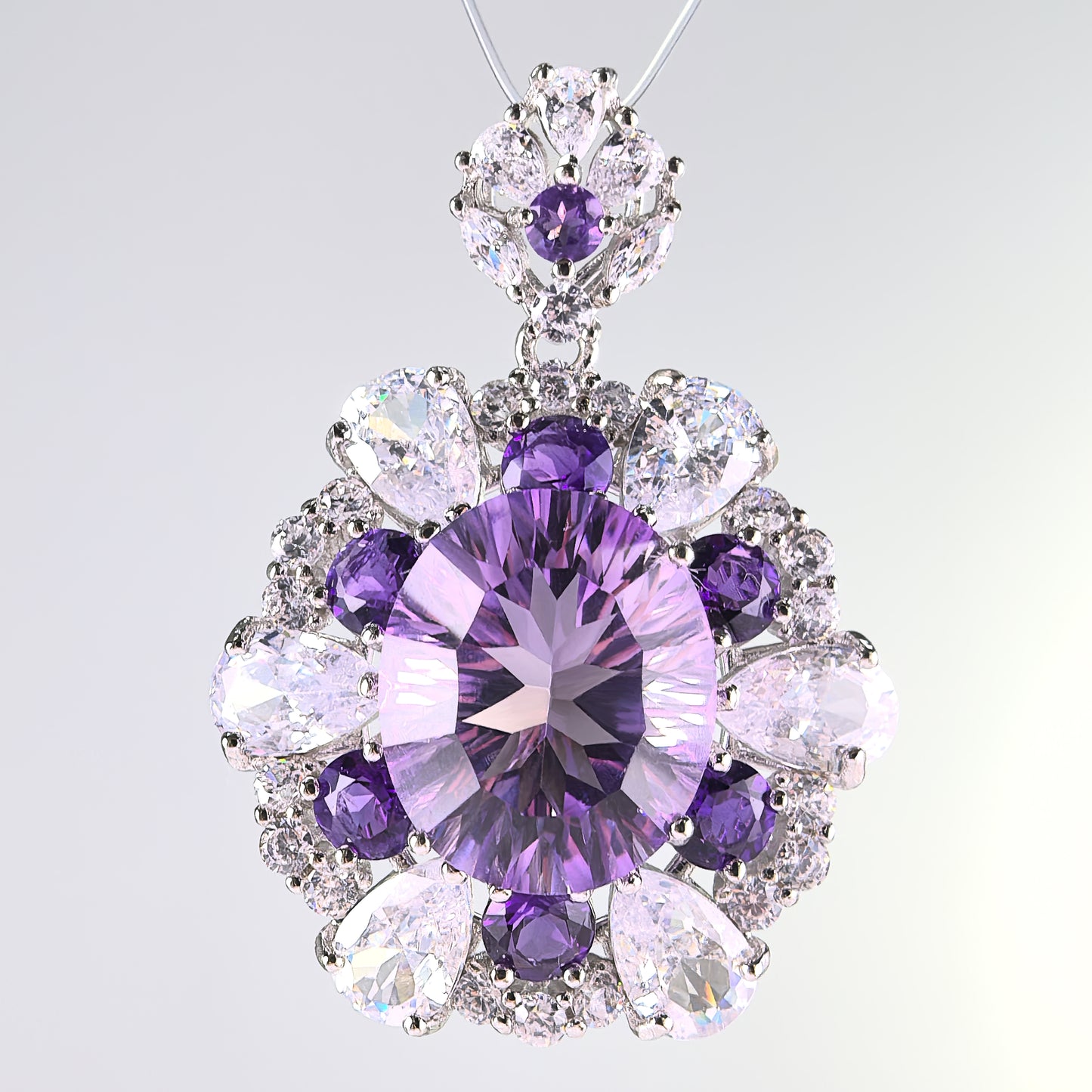 925 Sterling Silver Natural Amethyst Pendant Dazzling Rhodium Plated