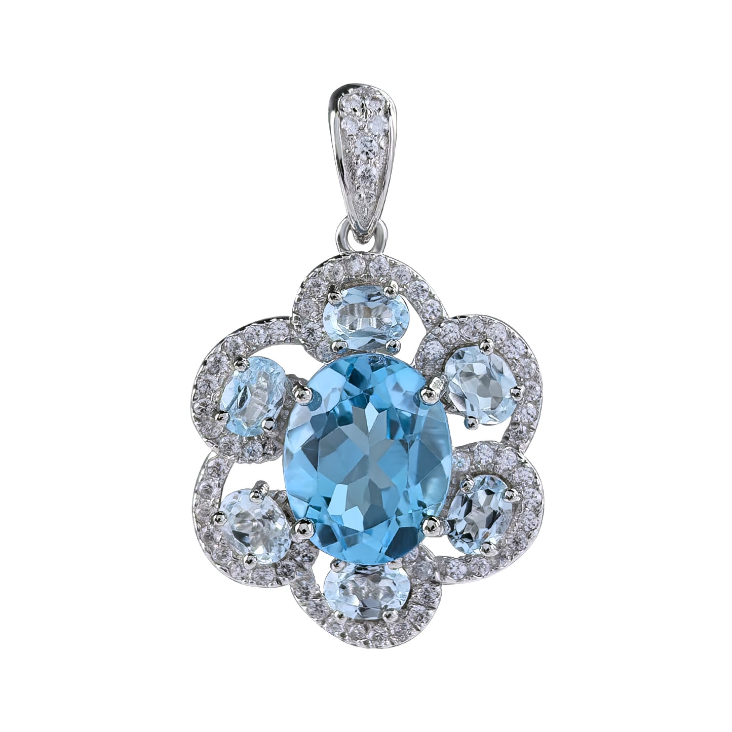 Elegant Rhodium Plated 925 Sterling Silver Natural Swiss Blue Topaz Flower Pendant