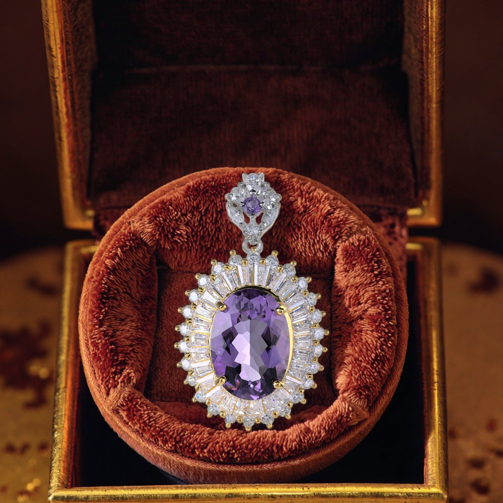 Sparkling Rhodium and Gold Plated 925 Sterling Silver Natural Amethyst Pendant
