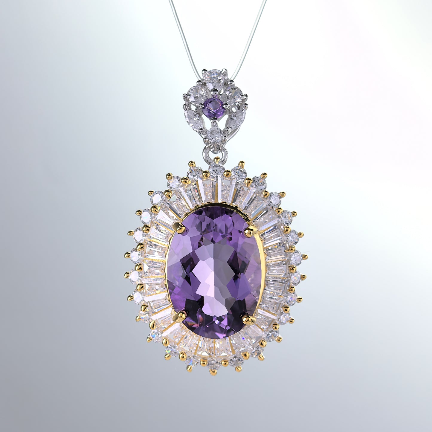Sparkling Rhodium and Gold Plated 925 Sterling Silver Natural Amethyst Pendant