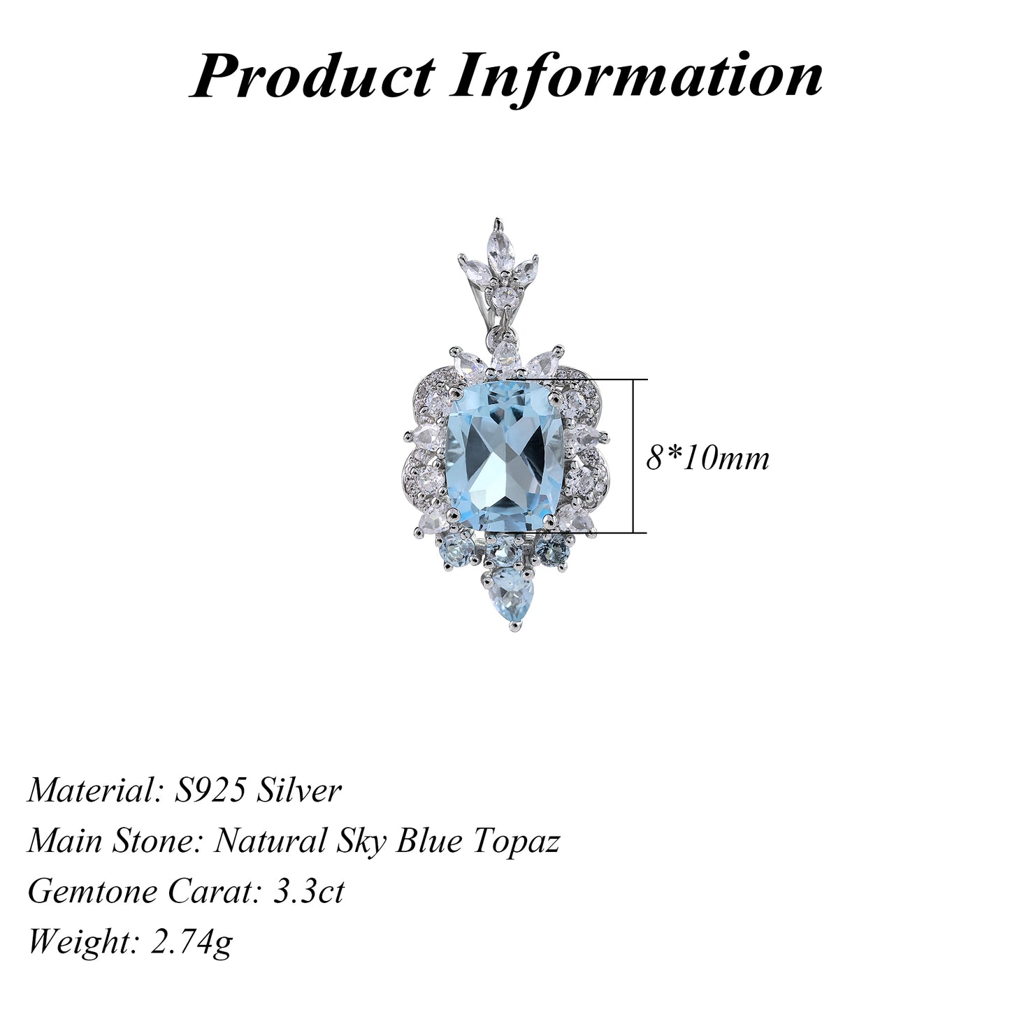 Elegant Rhodium Plated 925 Silver Jewelry Natural Sky Blue Topaz Pendant