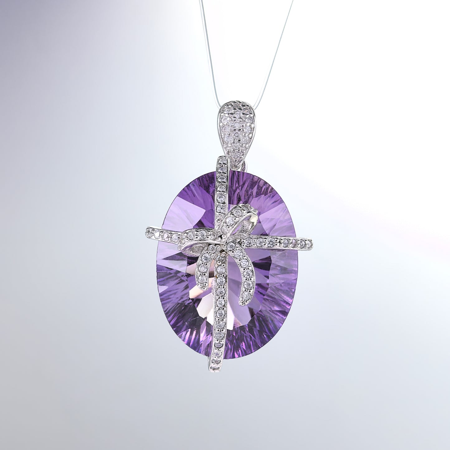 Delicate Rhodium Plated 925 Sterling Silver Natural Amethyst Bow Pendant
