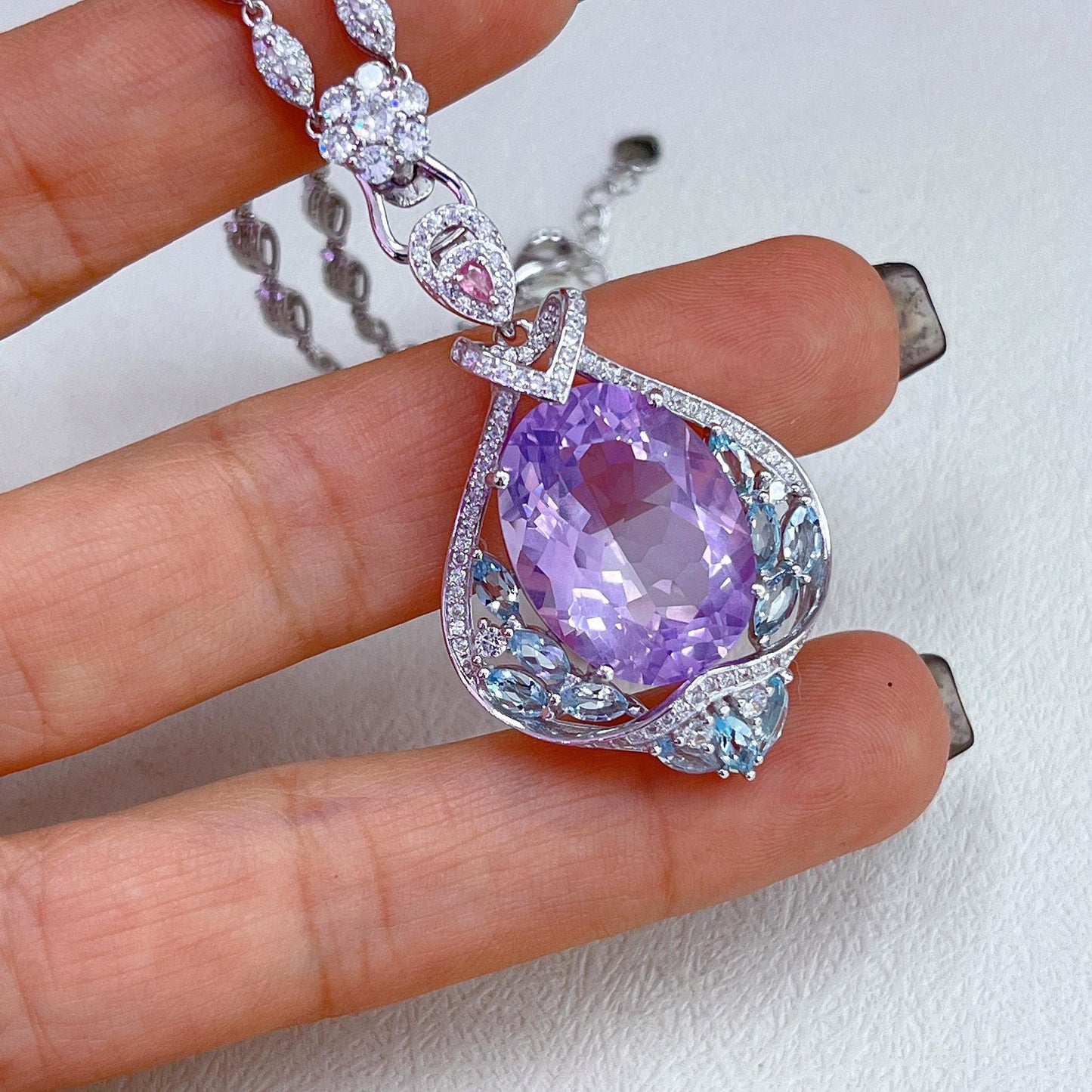 Rhodium Plated Silver 925 Natural Swiss Blue Topaz/Lavender/Fluorite Amethyst Pendant
