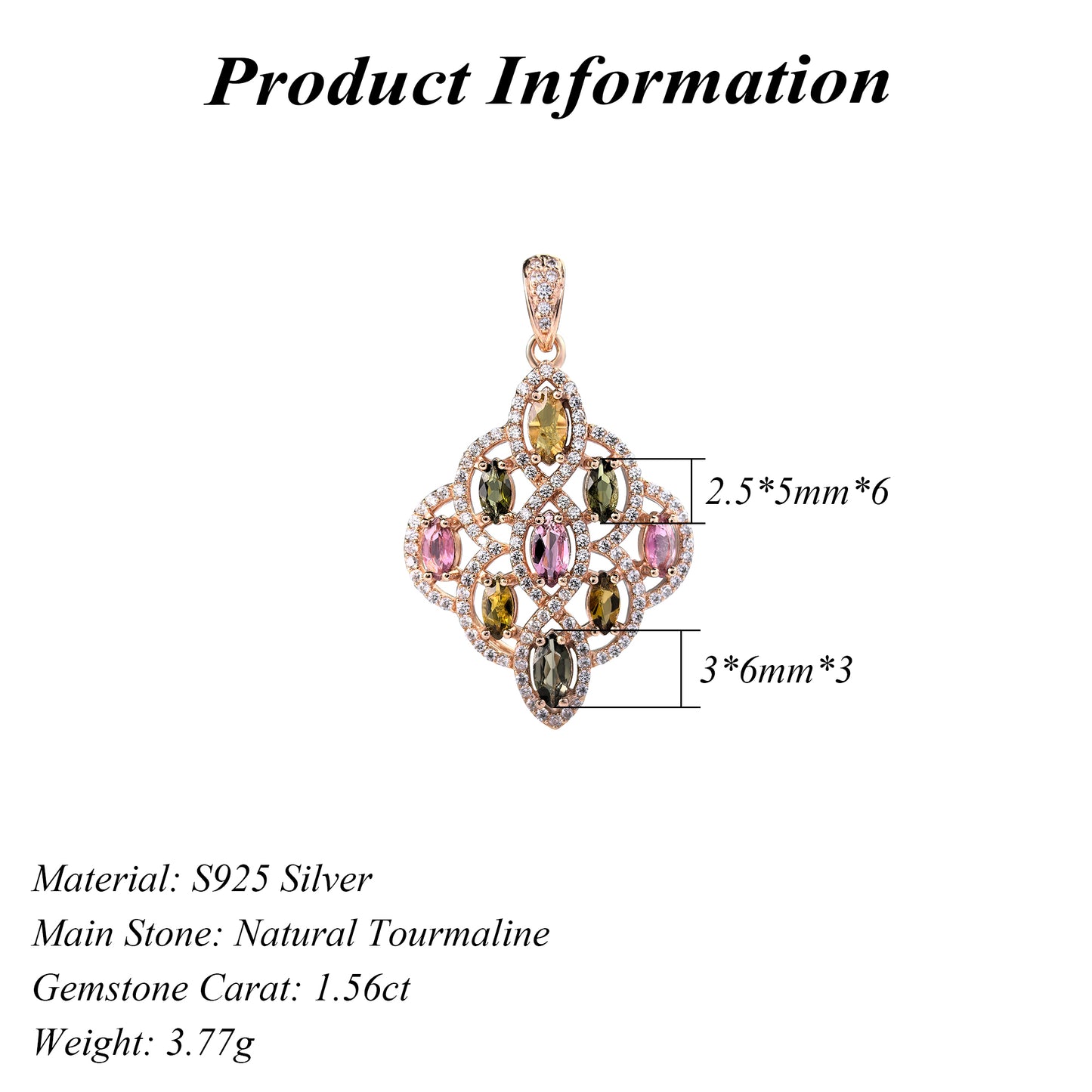 Sparkling Rose Gold Plated 925 Sterling Silver Natural Tourmaline Pendant