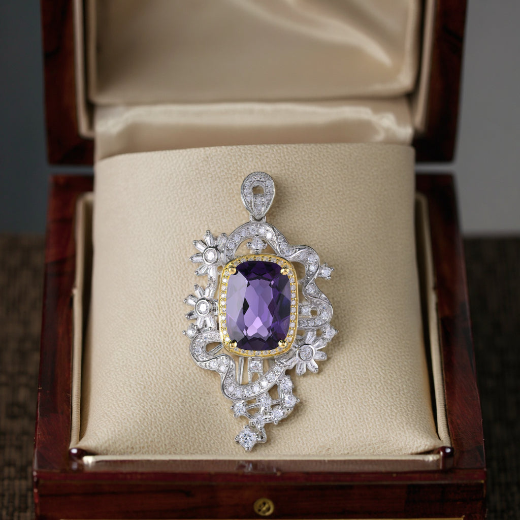 925 Sterling Silver Pendant Rhodium Plated Cushion Cut Natural Amethyst