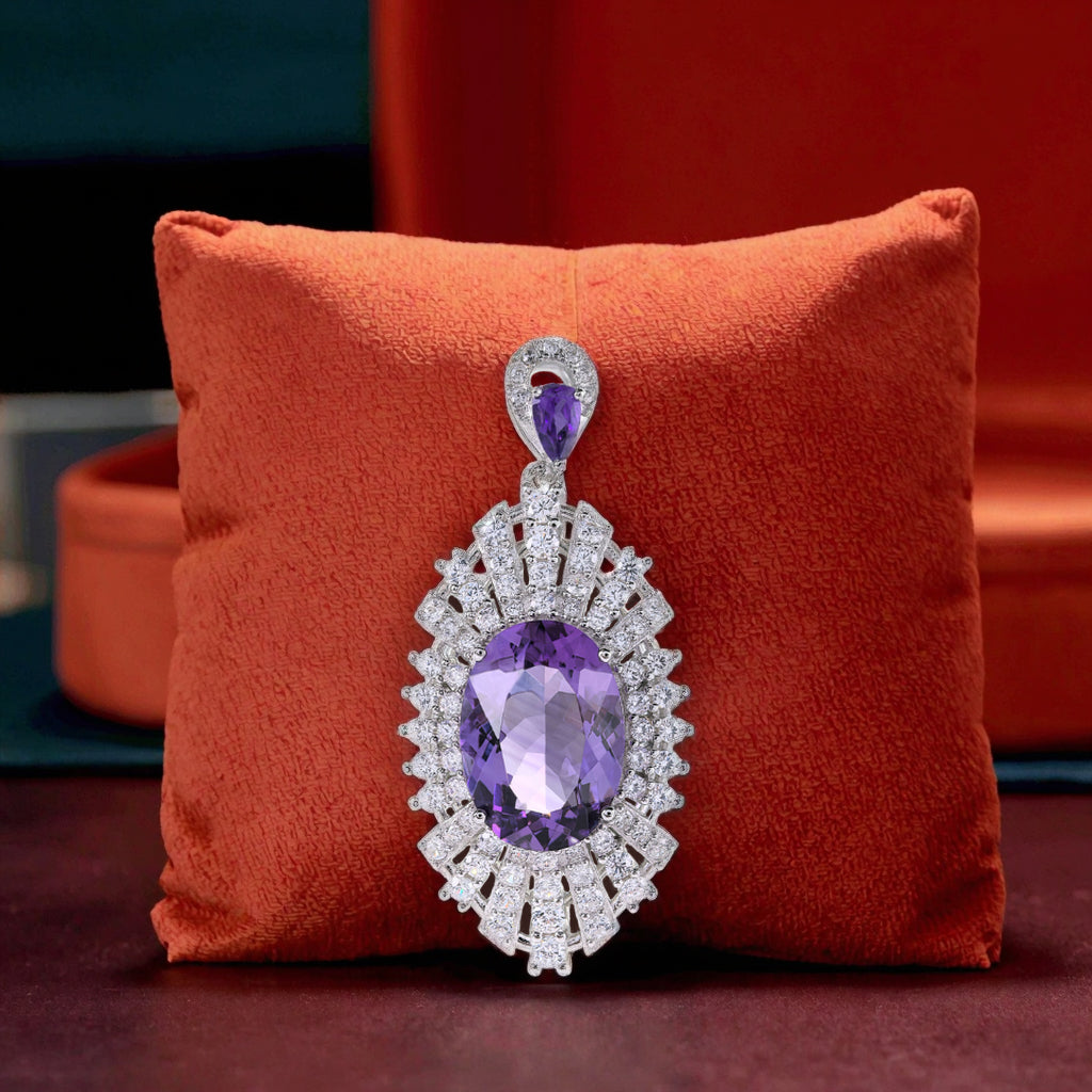925 Silver Natural Amethyst Pendant Unique Vintage Style Rhodium Plated