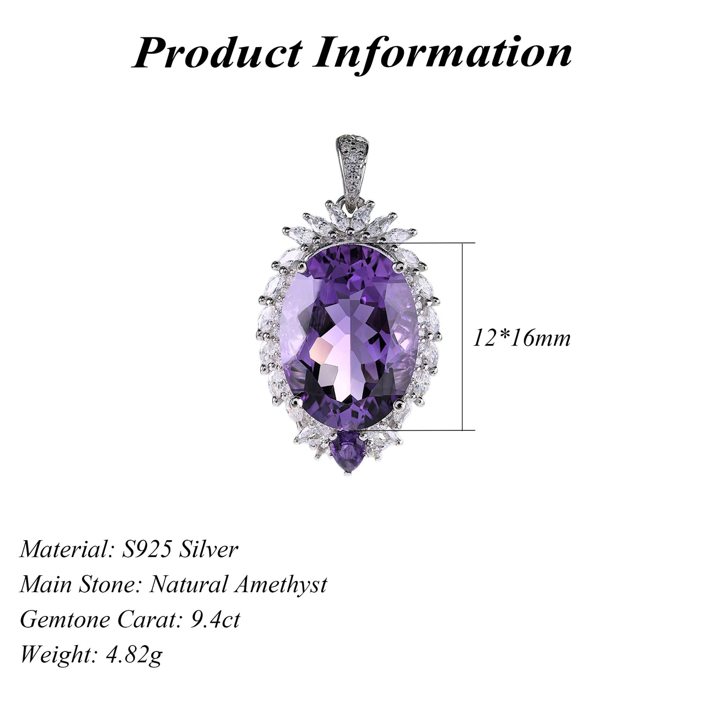 Elegant Rhodium Plated 925 Sterling Silver Natural Amethyst Pendant