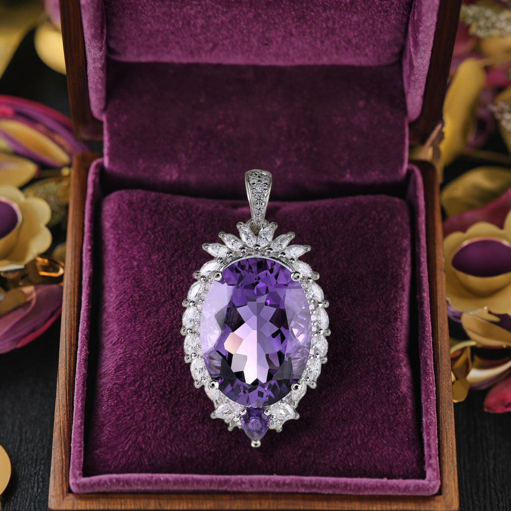 Elegant Rhodium Plated 925 Sterling Silver Natural Amethyst Pendant
