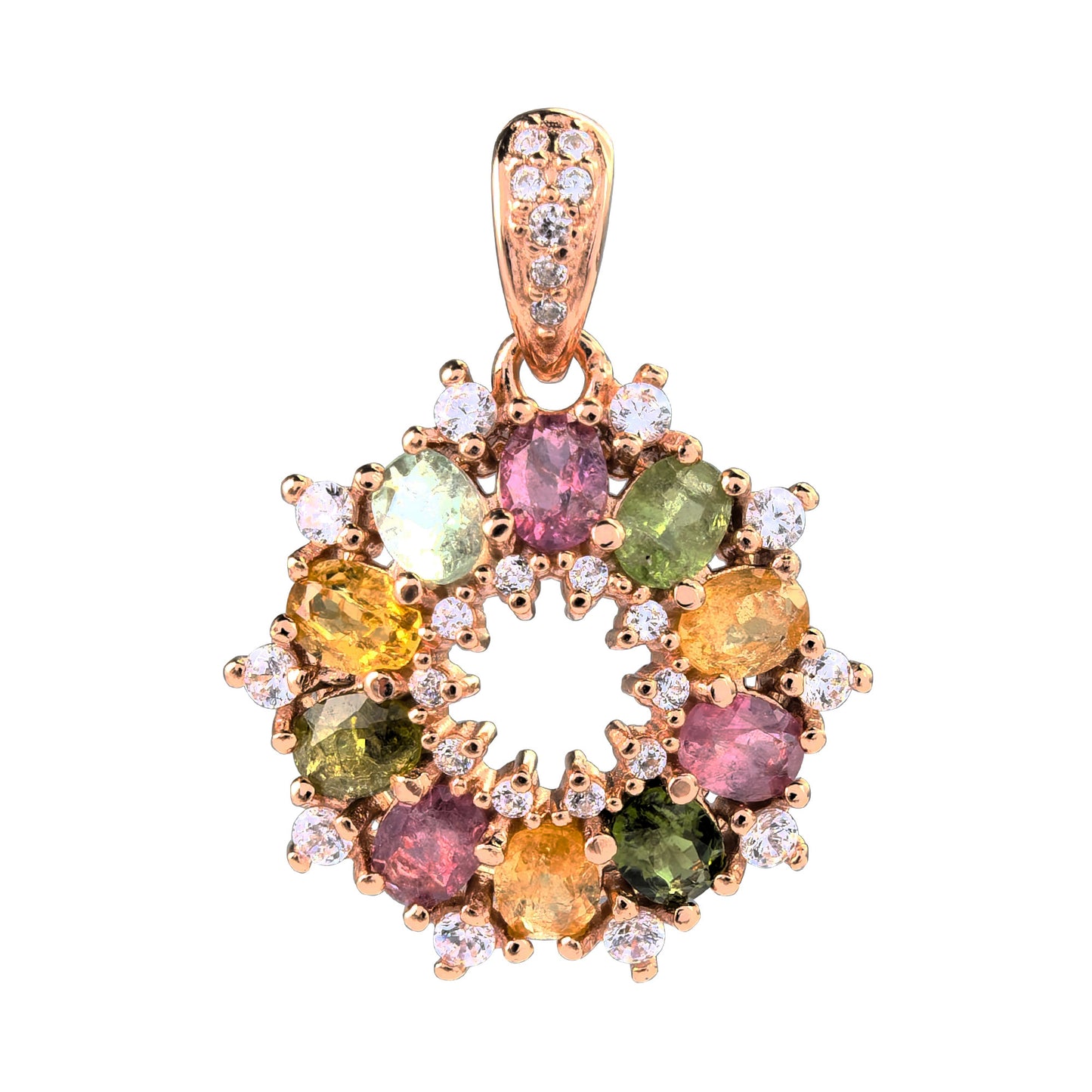 925 Silver Dazzling Rose Gold Plated Fine Pendants Natural Tourmaline round Charm Pendants