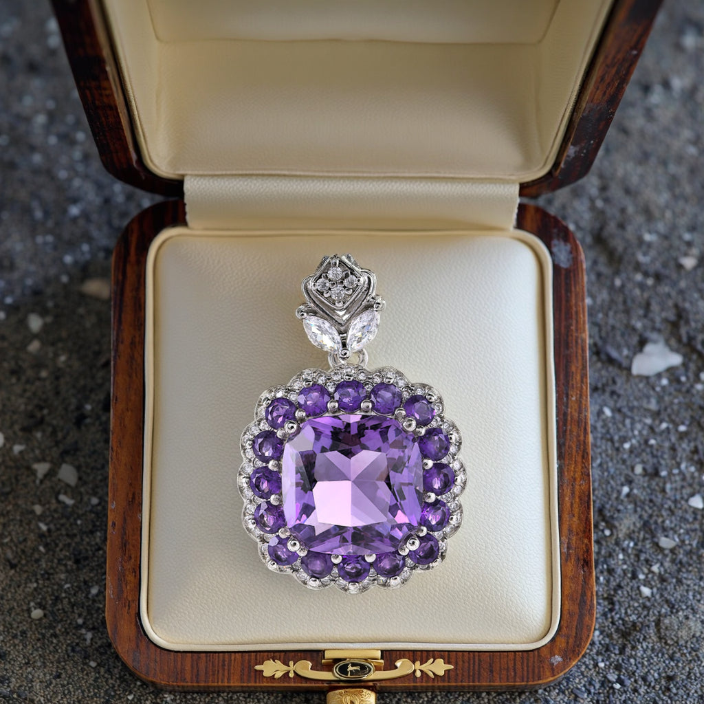 Elegant Rhodium Plated Sterling Silver 925 Natural Amethyst Pendant