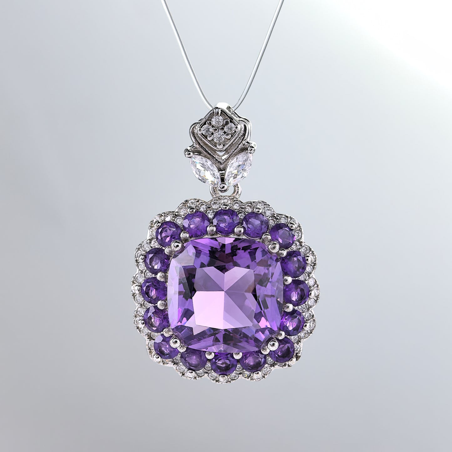 Elegant Rhodium Plated Sterling Silver 925 Natural Amethyst Pendant