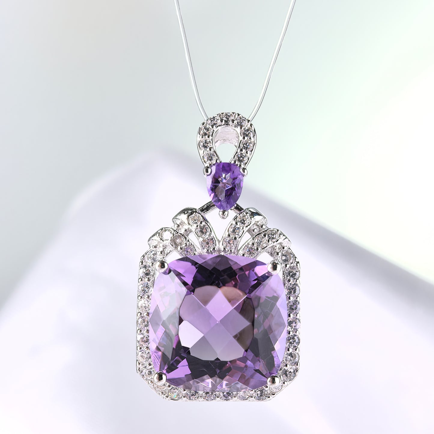 Romantic Rhodium Plated Silver 925 Cushion Cut Natural Amethyst Pendant