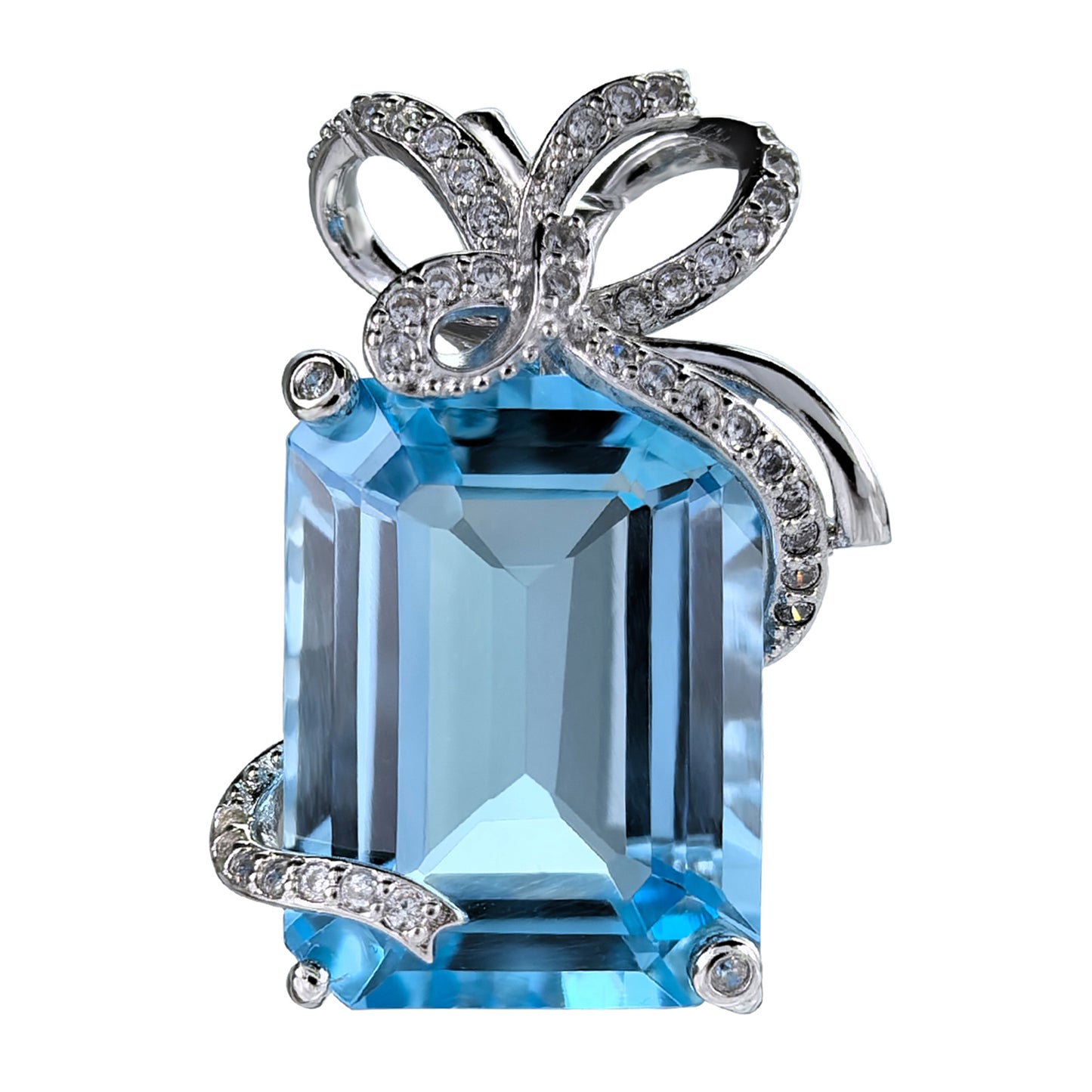 Elegant Rhodium Plated 925 Sterling Silver Natural Sky Blue Topaz Bow Pendant