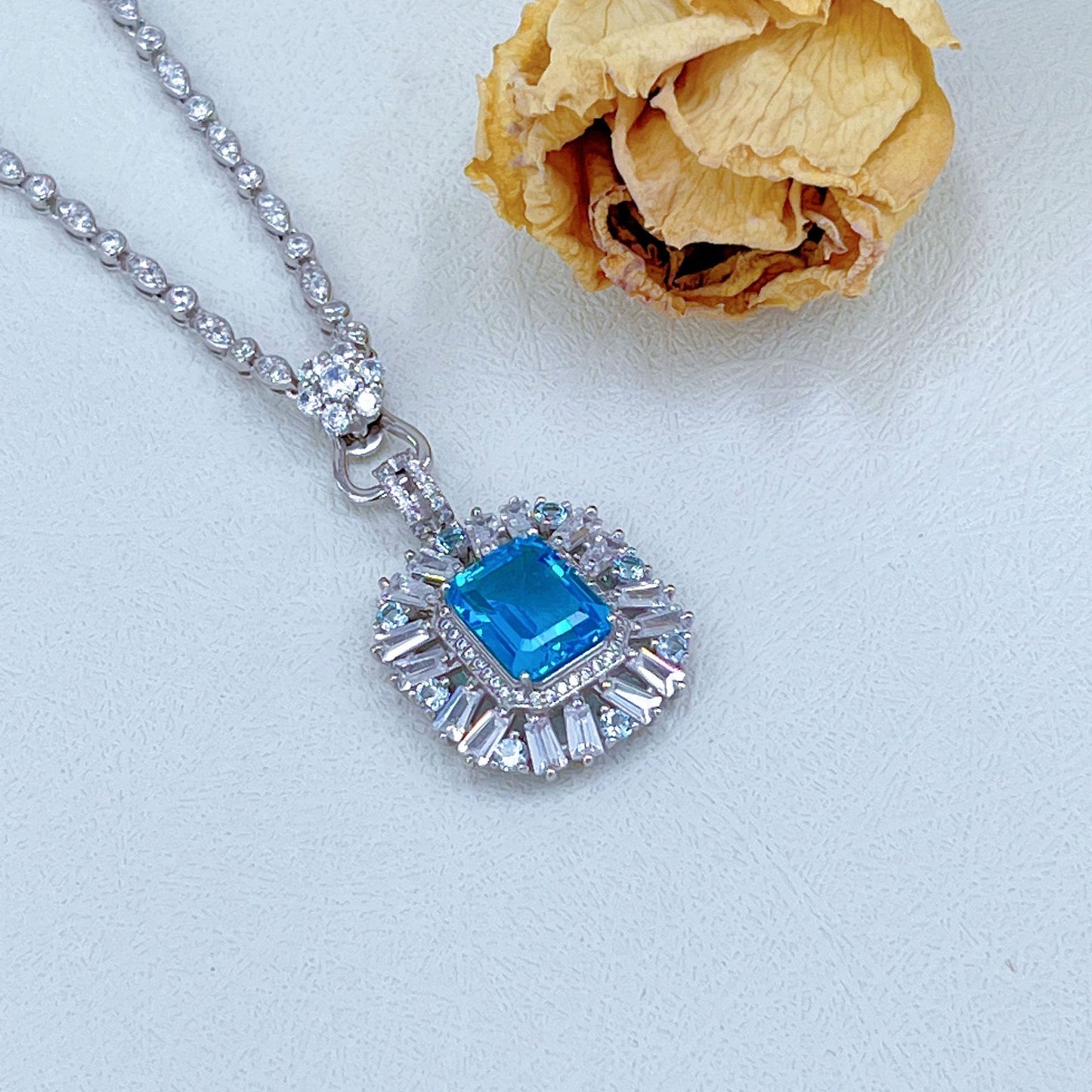 925 Sterling Silver Natural Emerald Cut Swiss Blue Topaz Pendant Unique Rhodium Plated