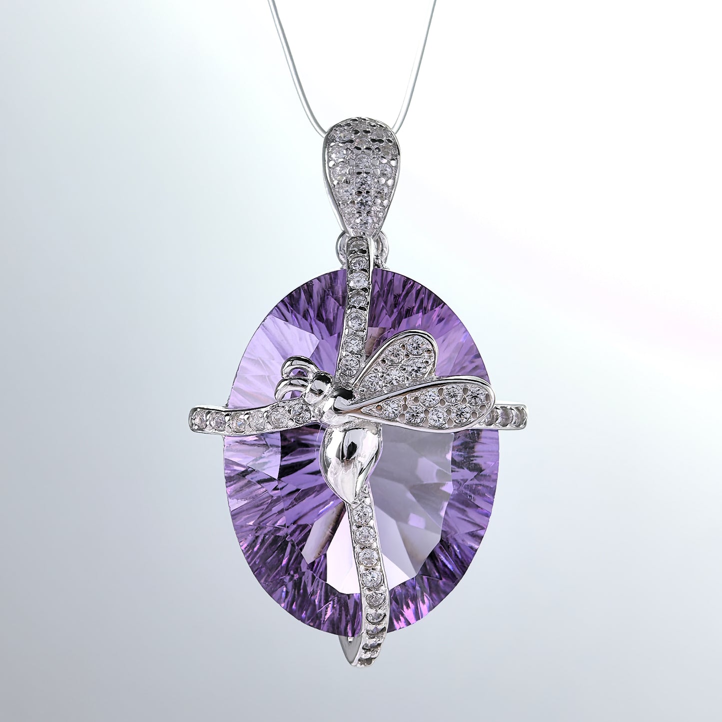 Delicate Rhodium Plated 925 Sterling Silver Natural Amethyst Butterfly Pendant