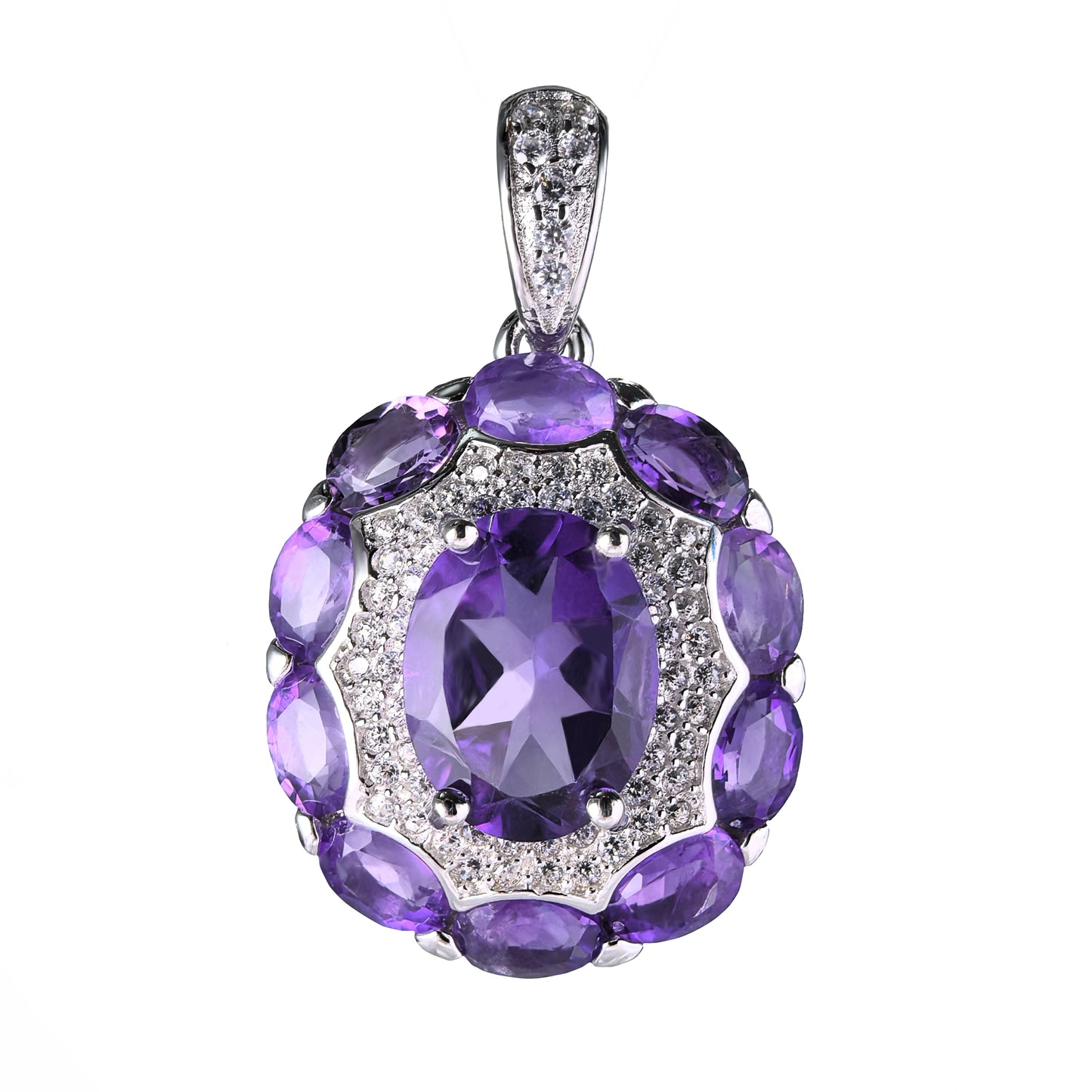 Elegant Rhodium Plated Silver 925 Oval Cut Natural Amethyst Pendant
