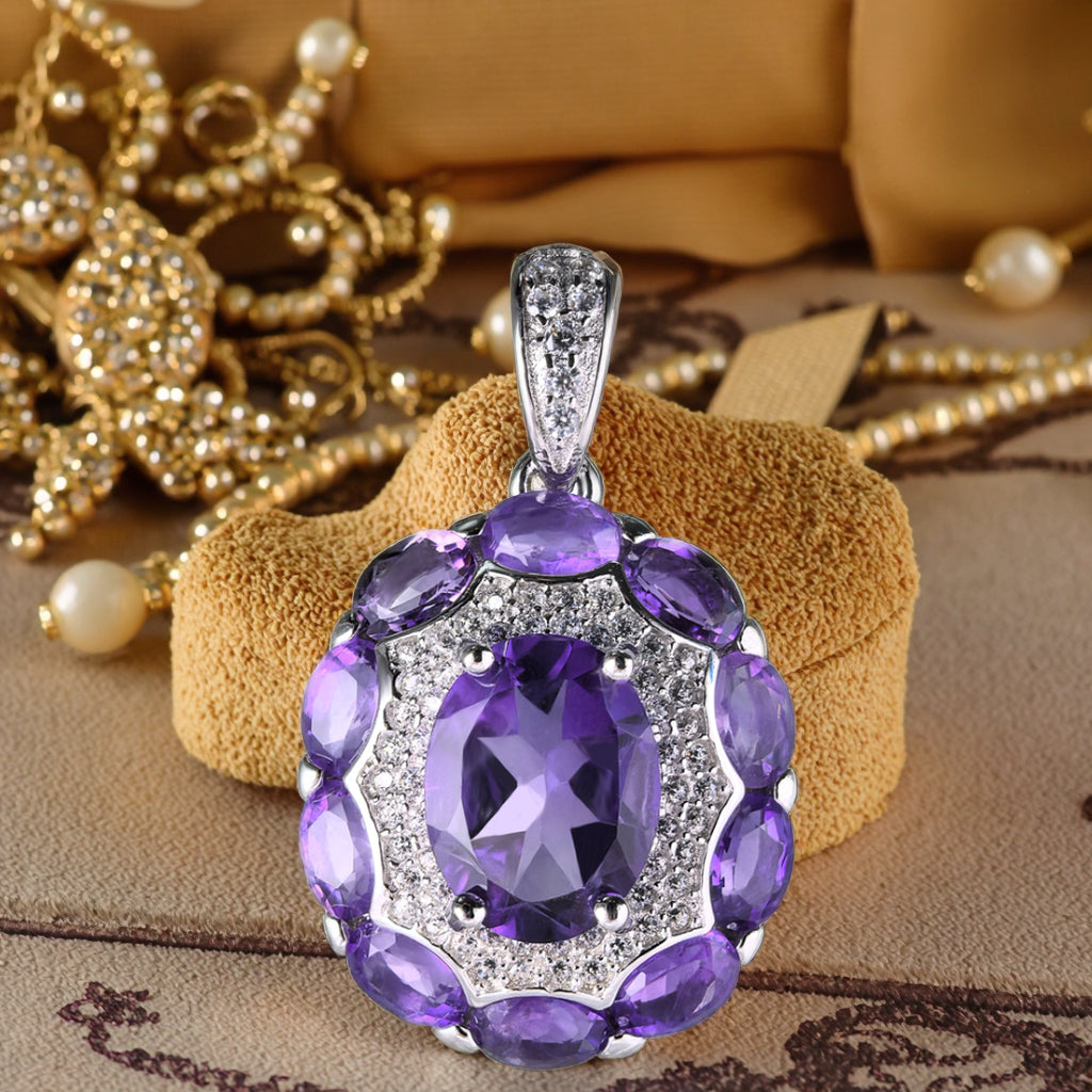 Elegant Rhodium Plated Silver 925 Oval Cut Natural Amethyst Pendant