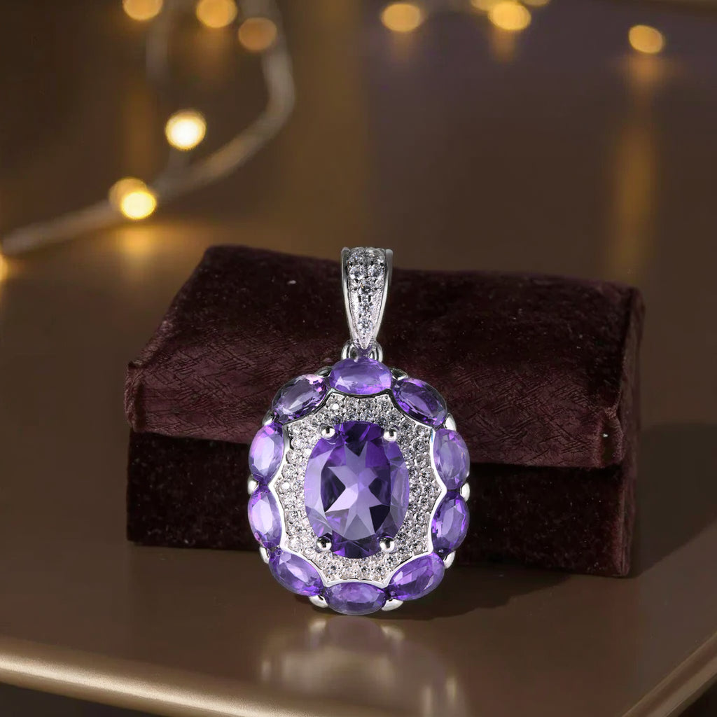Elegant Rhodium Plated Silver 925 Oval Cut Natural Amethyst Pendant
