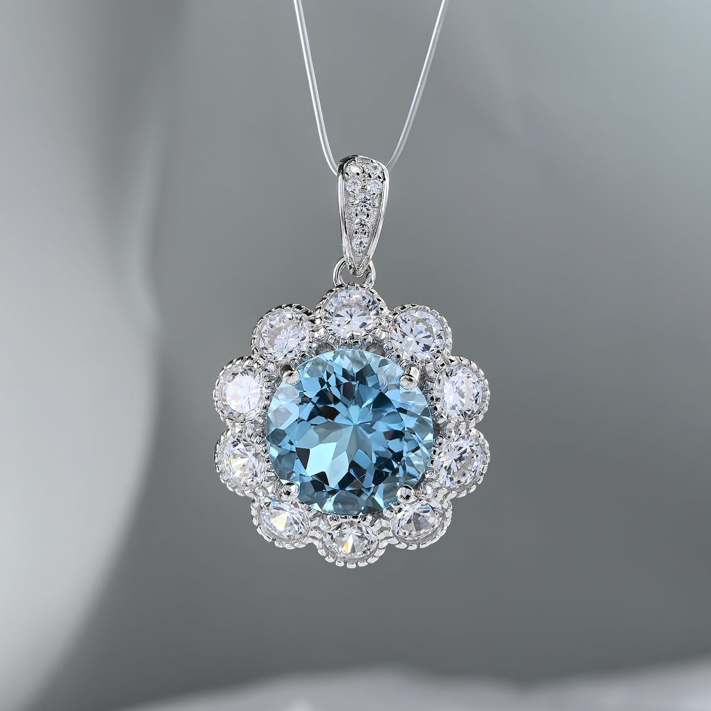 Sparkling Rhodium Plated 925 Sterling Silver Natural Sky Blue Topaz Pendant
