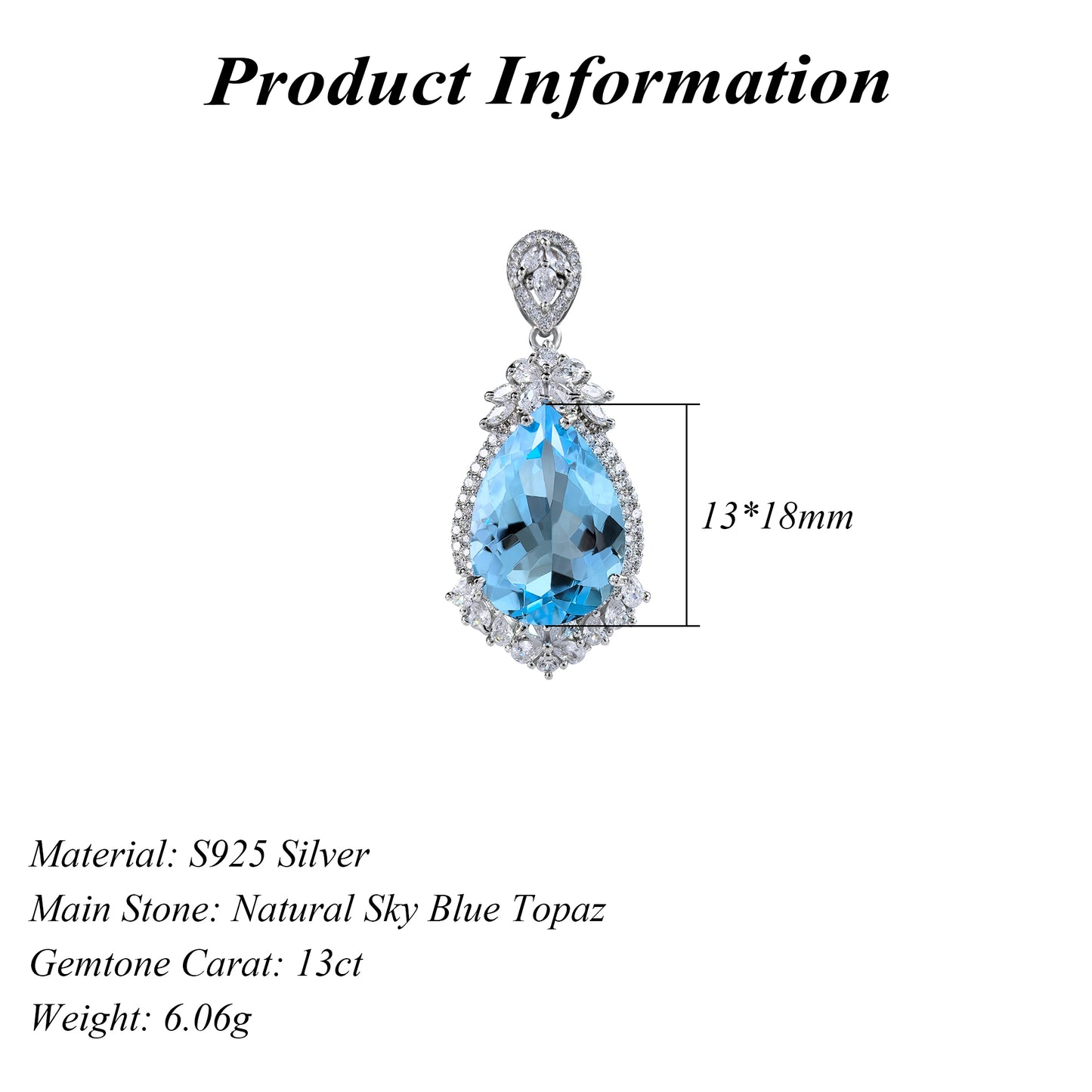 Elegant Rhodium Plated 925 Sterling Silver Natural Sky Blue Topaz Pendant