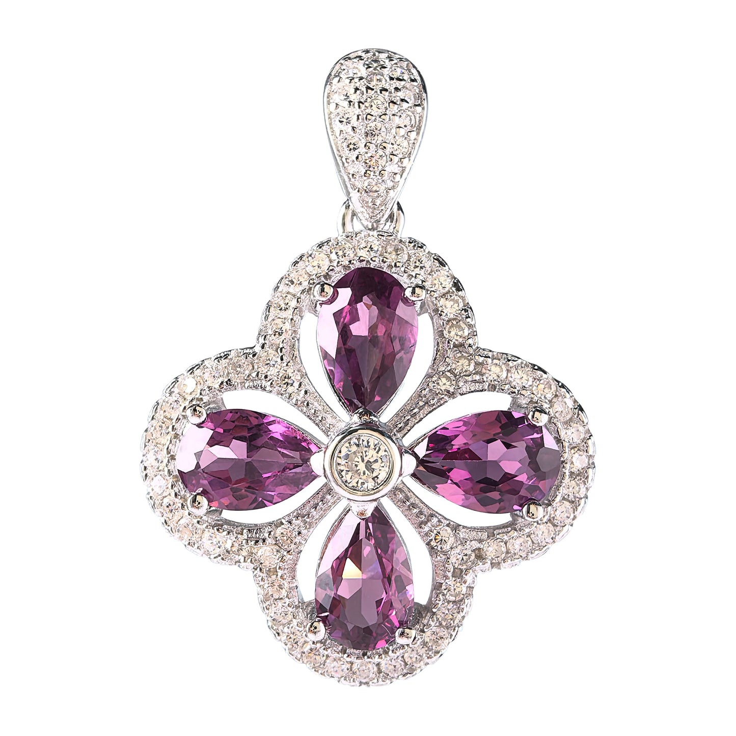 Charming 925 Silver Natural Pyrope Clover Pendant Rhodium Plated