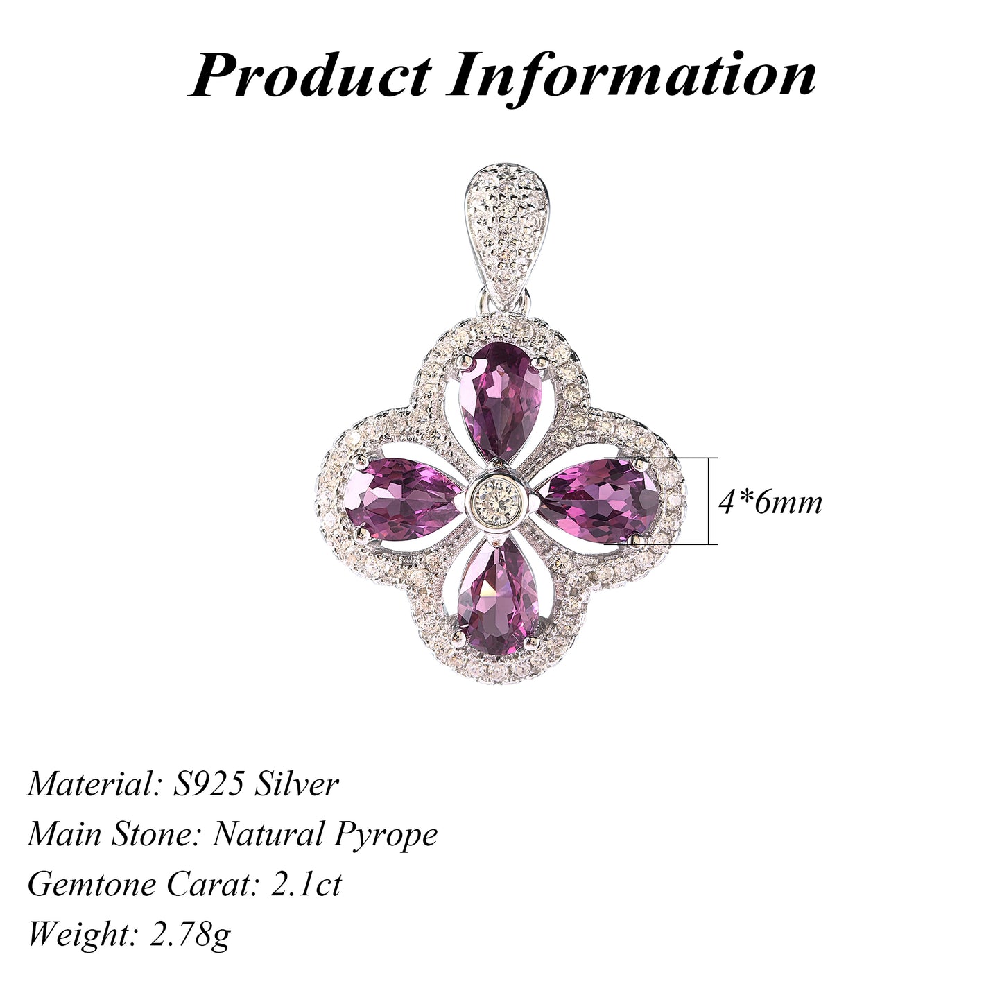 Charming 925 Silver Natural Pyrope Clover Pendant Rhodium Plated