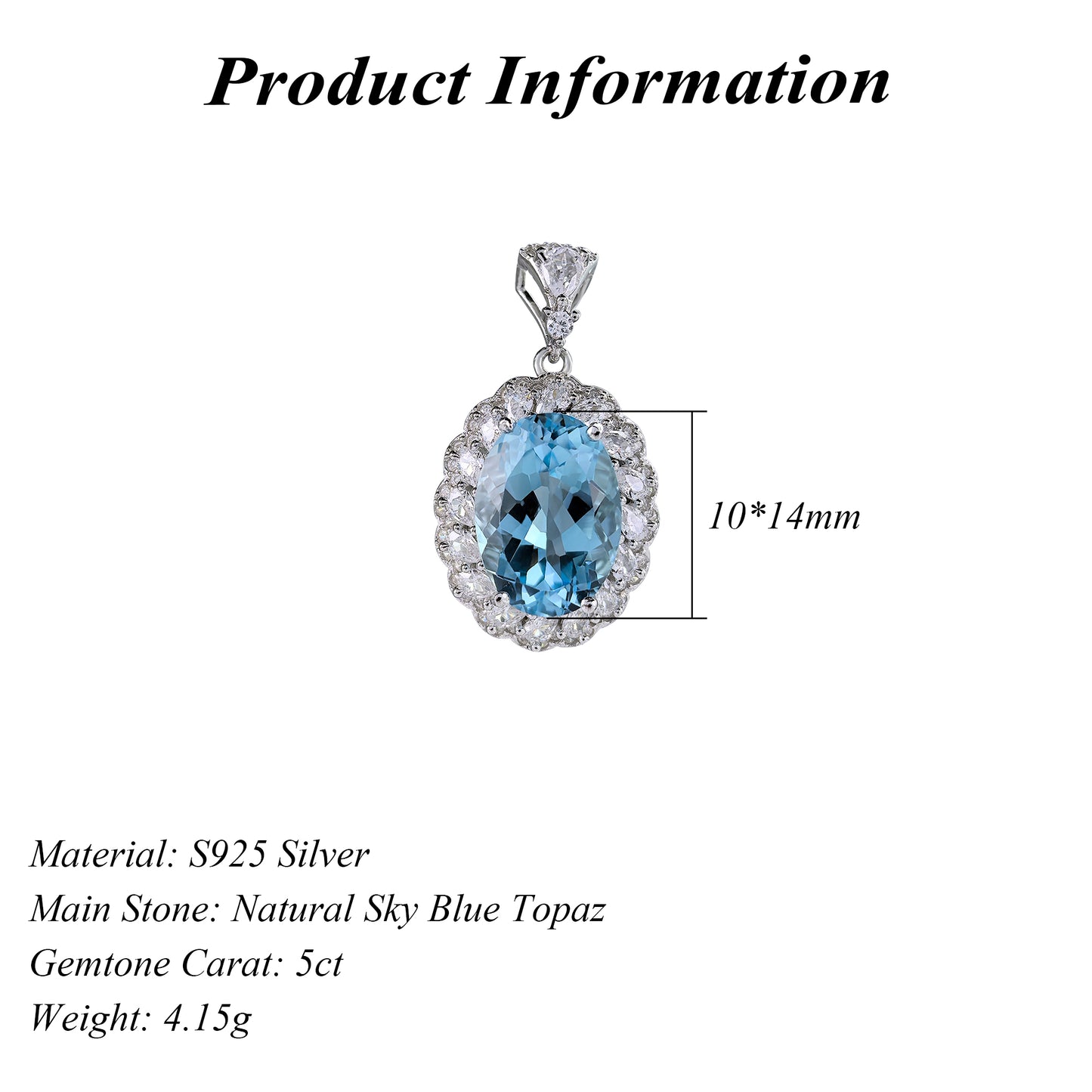 Elegant Rhodium Plated 925 Sterling Silver Natural Sky Blue Topaz Pendant