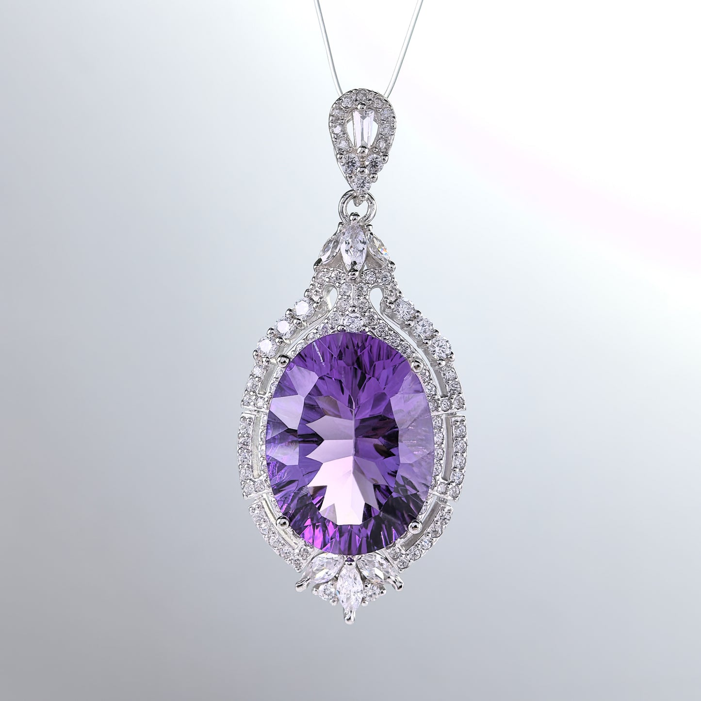 Graceful Rhodium Plated Sterling Silver 925 Natural Amethyst Pendant