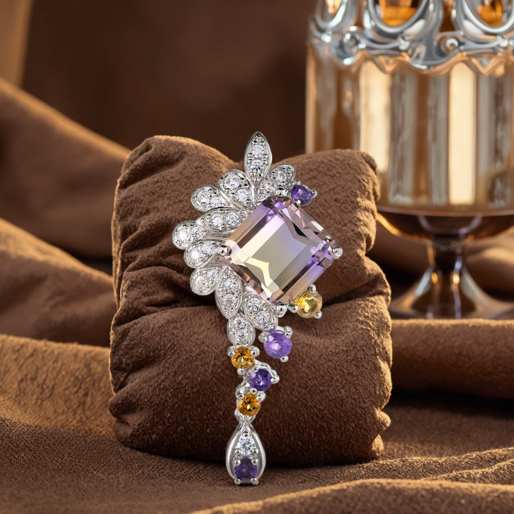 Delicate Rhodium Plated 925 Sterling Silver Natural Ametrine Pendant