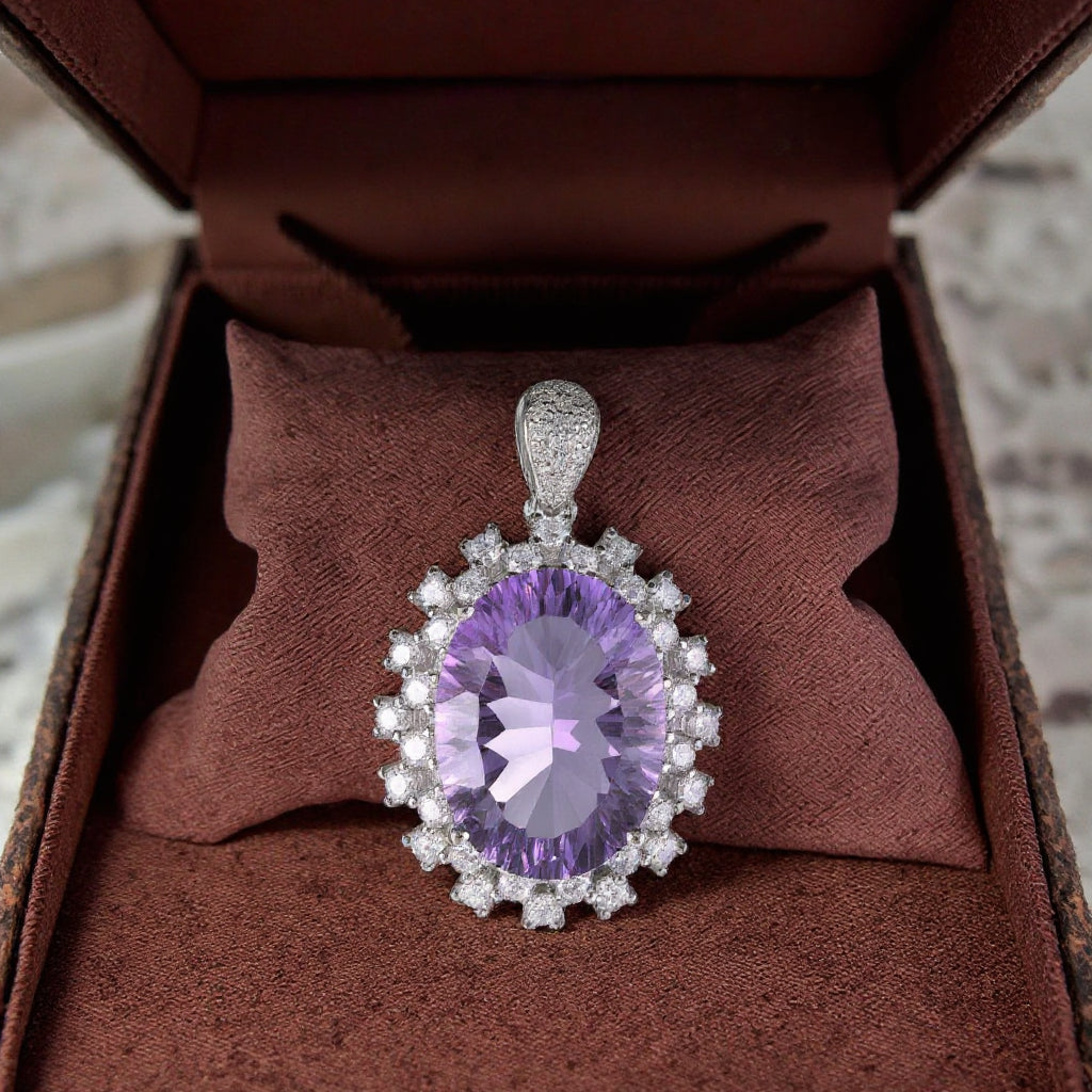 Opulent Rhodium Plated Joyeria De Plata 925 Natural Stone Amethyst Pendant