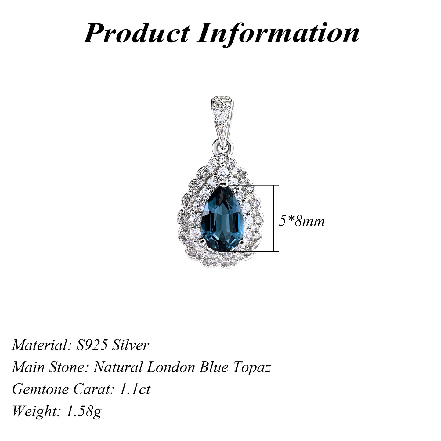 Elegant 925 Sterling Silver London Blue Topaz Pendant Rhodium Plated