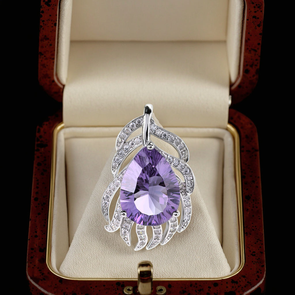 Elegant Rhodium Plated 925 Sterling Silver Natural Amethyst Pendant