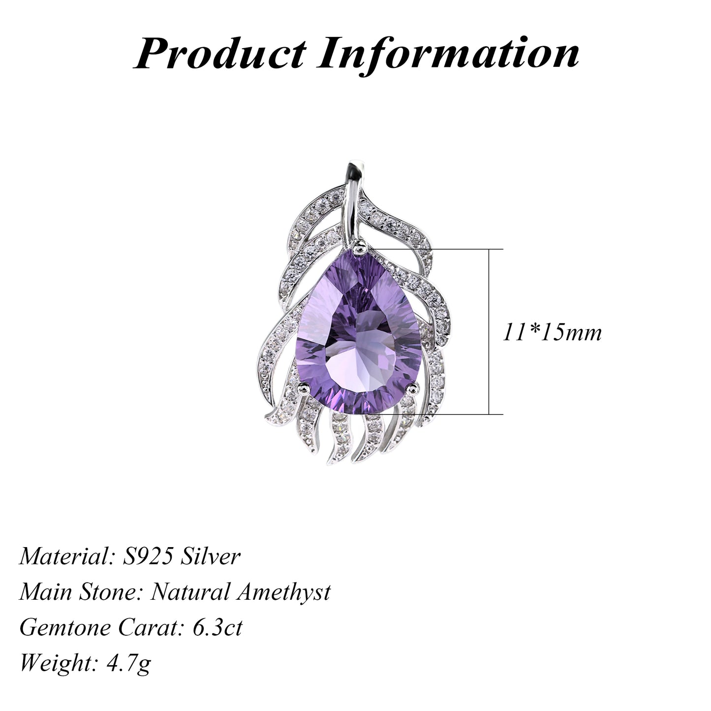 Elegant Rhodium Plated 925 Sterling Silver Natural Amethyst Pendant
