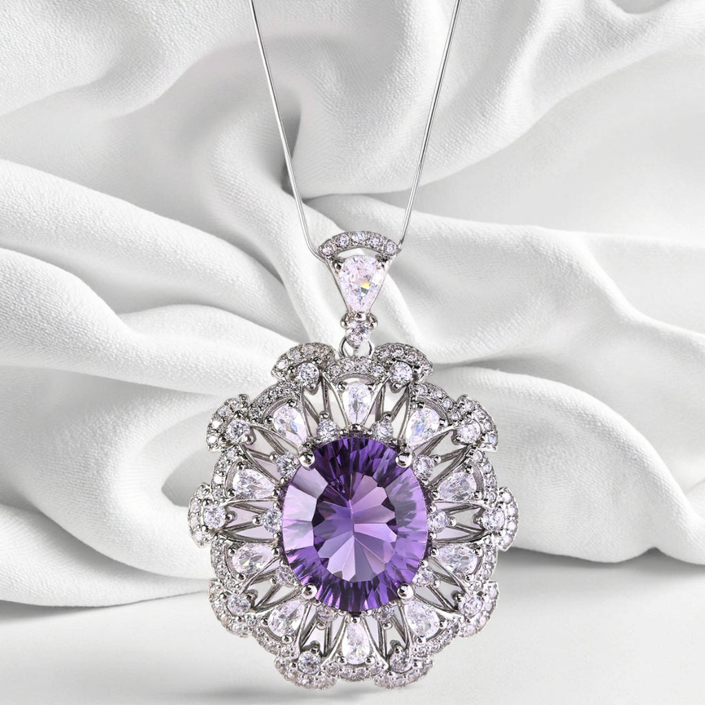 Elegant Rhodium Plated Plata 925 Oval Cut Amethyst Pendant